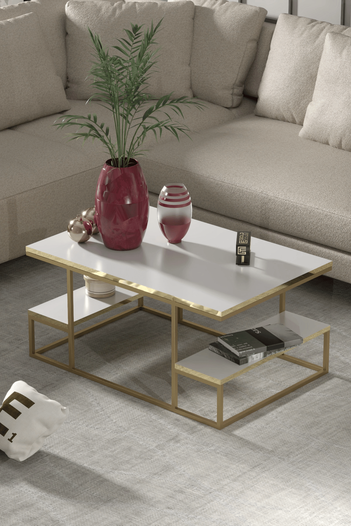 Orta Sehpa Delux Raflı Gold Beyaz