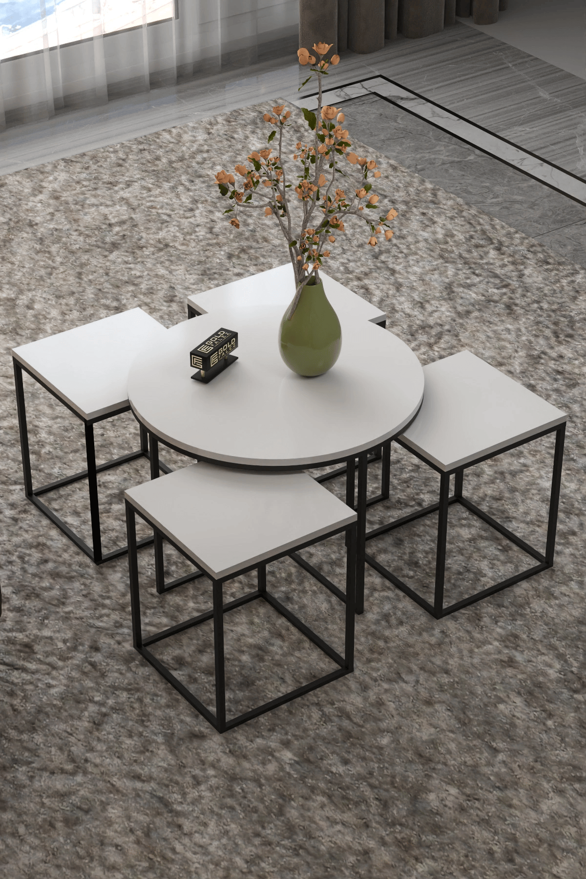 Orta Sehpa Ve Zigon Sehpa Oval Lüx 5'Li Set Beyaz