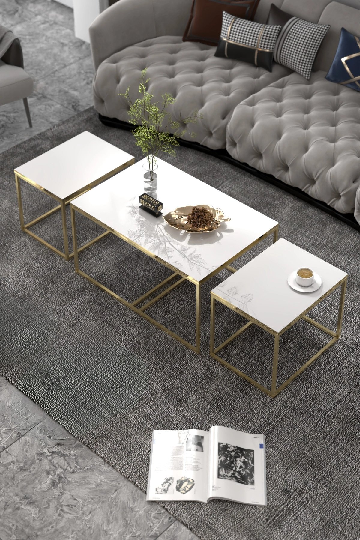 Orta Sehpa Ve Zigon Yan Sehpa Flora Set Gold Beyaz