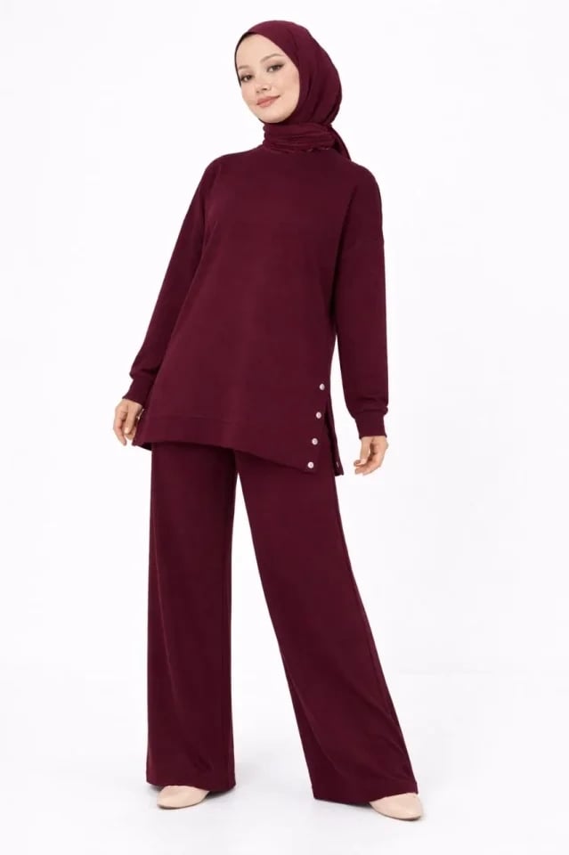 Osy Modal Yumuşak Dokulu Kumaş Modern Tesettür Takım Yandan Metal Çıtçıtlı Uzun Tunik Pantolon Set Salaş Kalıp - Bordo