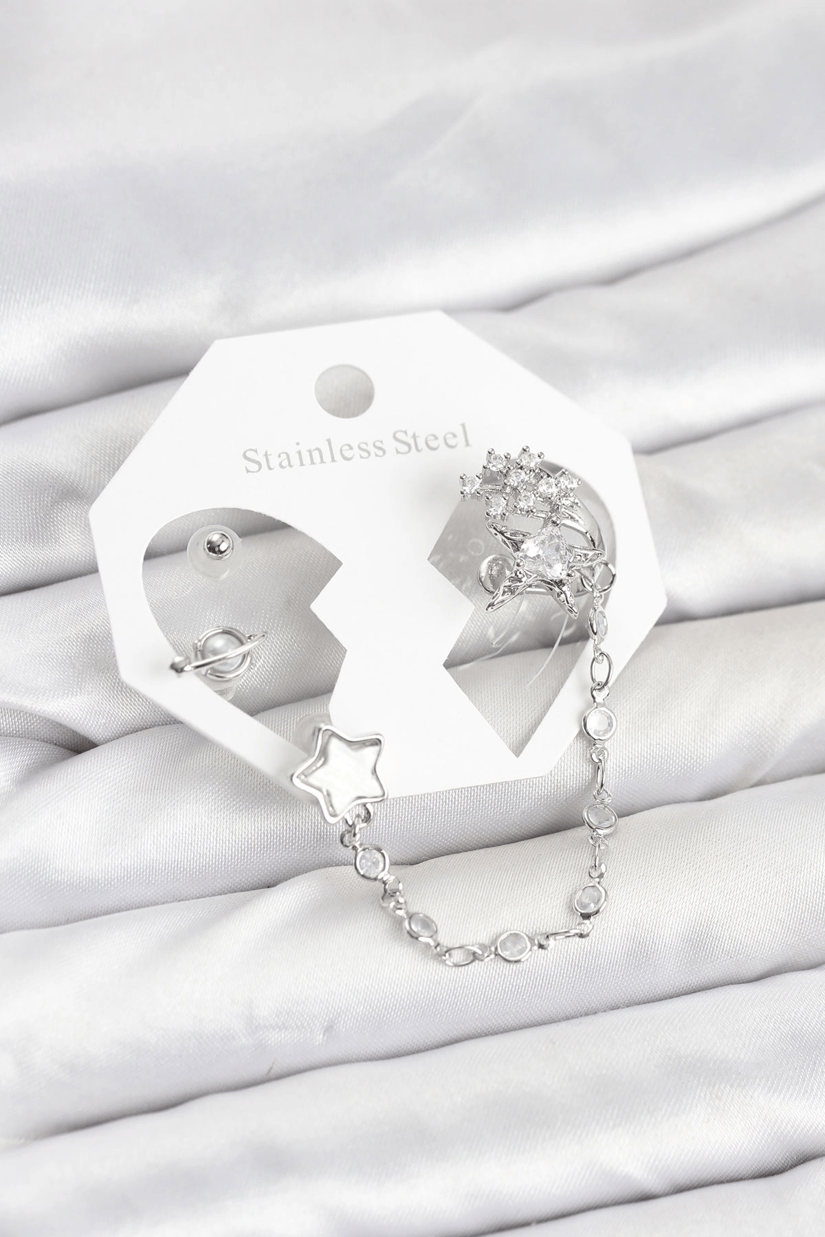 Pirinç Gümüş Renk Yıldız Model Zincir Bağlantılı Ear Cuff Küpe Seti