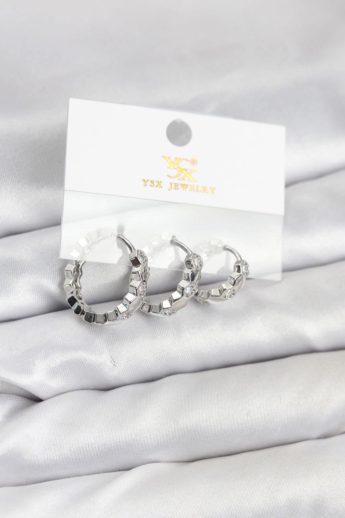 Pirinç Gümüş Renk Zirkon Taşlı Petek Halka Model YSX Trio Küpe Seti