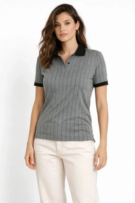 Polo Yaka Çizgili Tişört Kısa Kol Düğmeli Yazlık T-Shirt - Gri