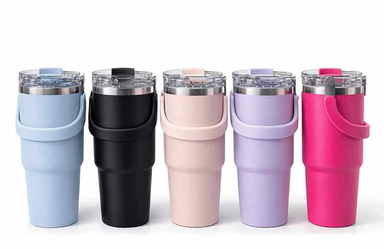 Renkli 900 ml Taşıma Kulplu Paslanmaz Çelik Termos Mug Bardak
