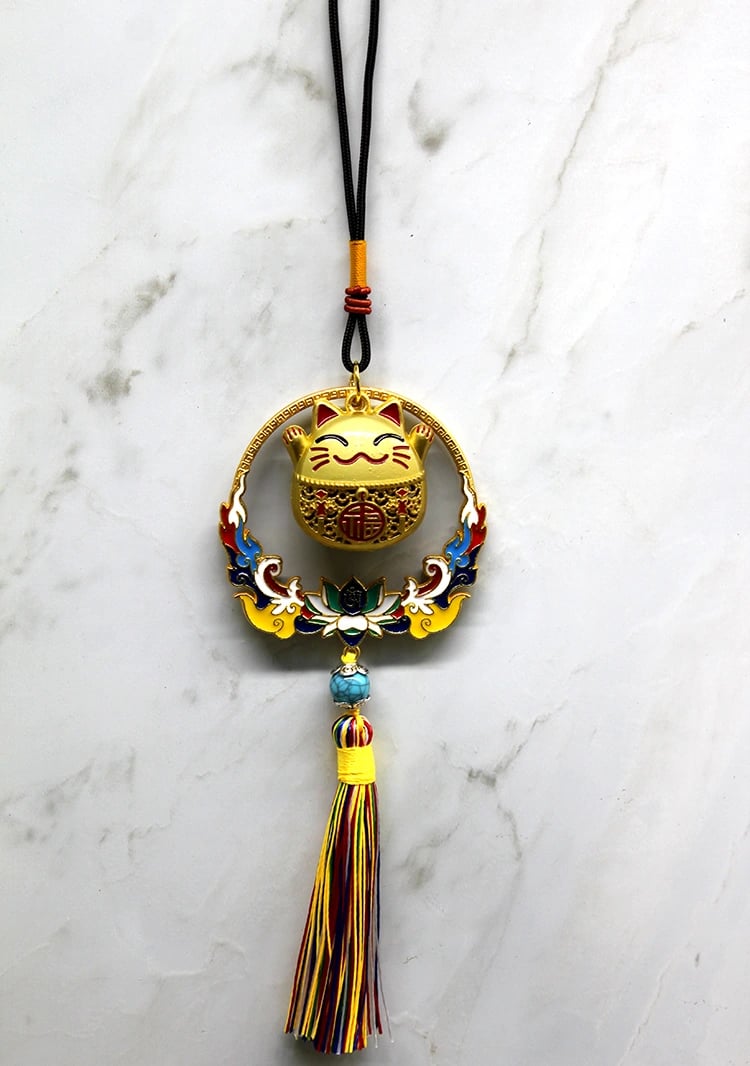 Renkli Püsküllü Şans Kedisi Feng Shui Askılık