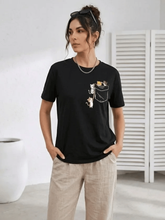 Sevimli Kedi Cep Baskılı Tişört Kısa Kol Yazlık T-Shirt - Siyah