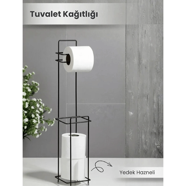 Siyah Standlı Yedek Hazneli Tuvalet Kağıtlığı