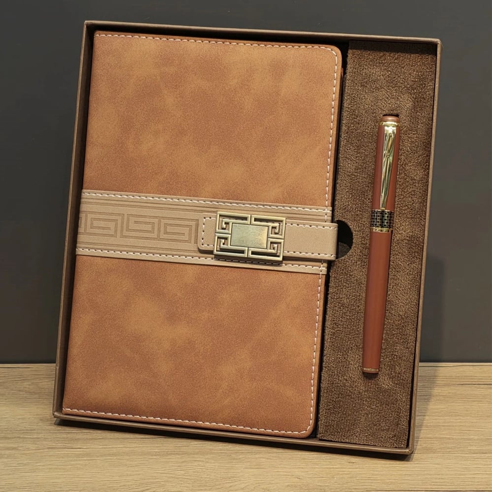 Taba Rengi Termo Deri Defter Ve Metal Roller Kalem Seti