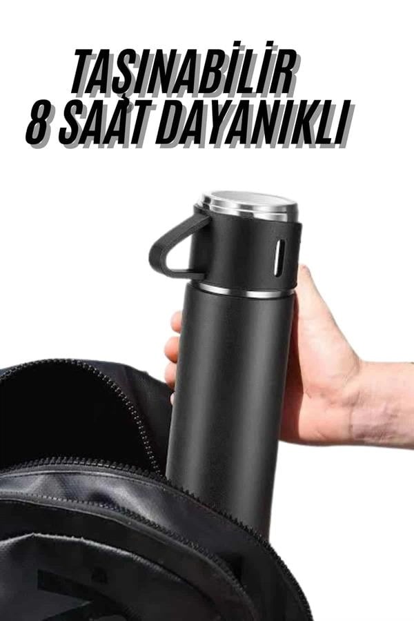 Termos Seti 3'lü Bardak Seti Isı Dayanıklı Siyah Paslanmaz Çelik Vakumlu