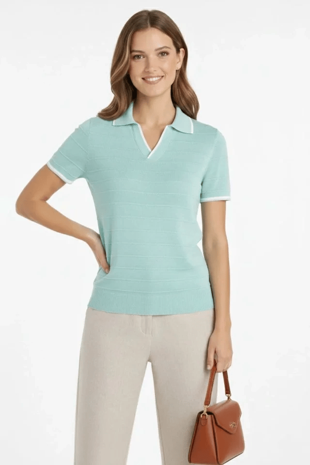 Triko Kumaş Yakalı Düğmesiz Açık Yaka Fitilli Kısa Kollu Regular Fit Tişört T-shirt - Mint Yeşili