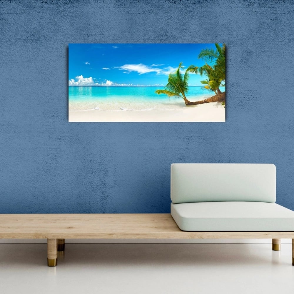 Turkuaz Deniz , Beyaz Kumlar ve Palmiyeler Kanvas Tablo 60 x 120