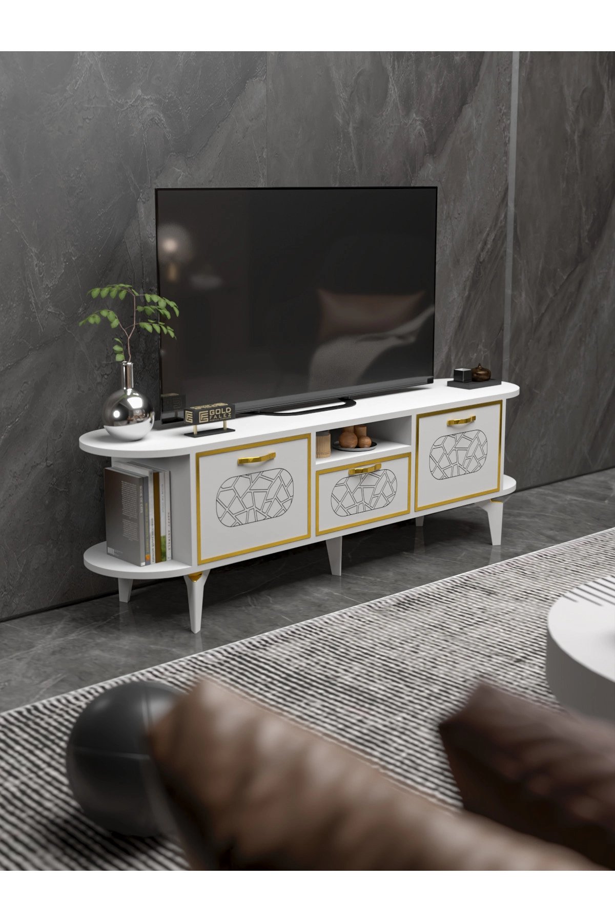 Tv Sehpası Mira Gold 5032 Beyaz 160 Cm 35 Cm 50 Cm