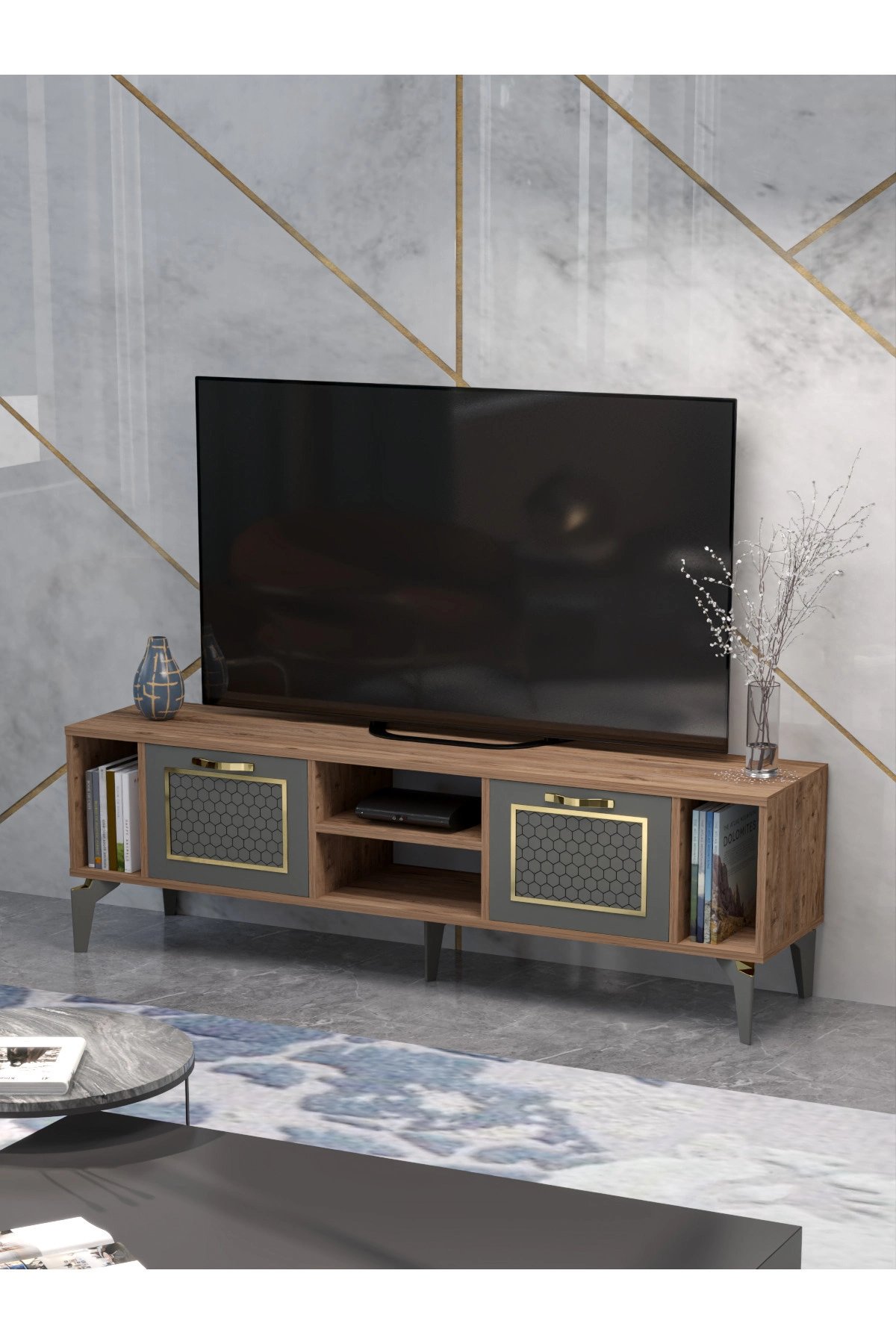 Tv Sehpası Tv Ünitesi Atlantik Çam Antrasit Gold 160 Cm Linya 5040