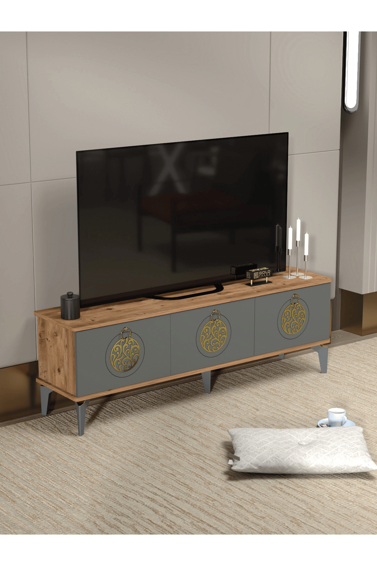 Tv Sehpası Tv Ünitesi Atlantik Çam Antrasit Gold 160 Cm Saraylı 5060
