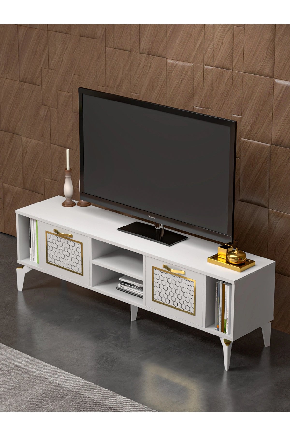 Tv Sehpası Tv Ünitesi Beyaz Gold 160 Cm Linya 5042