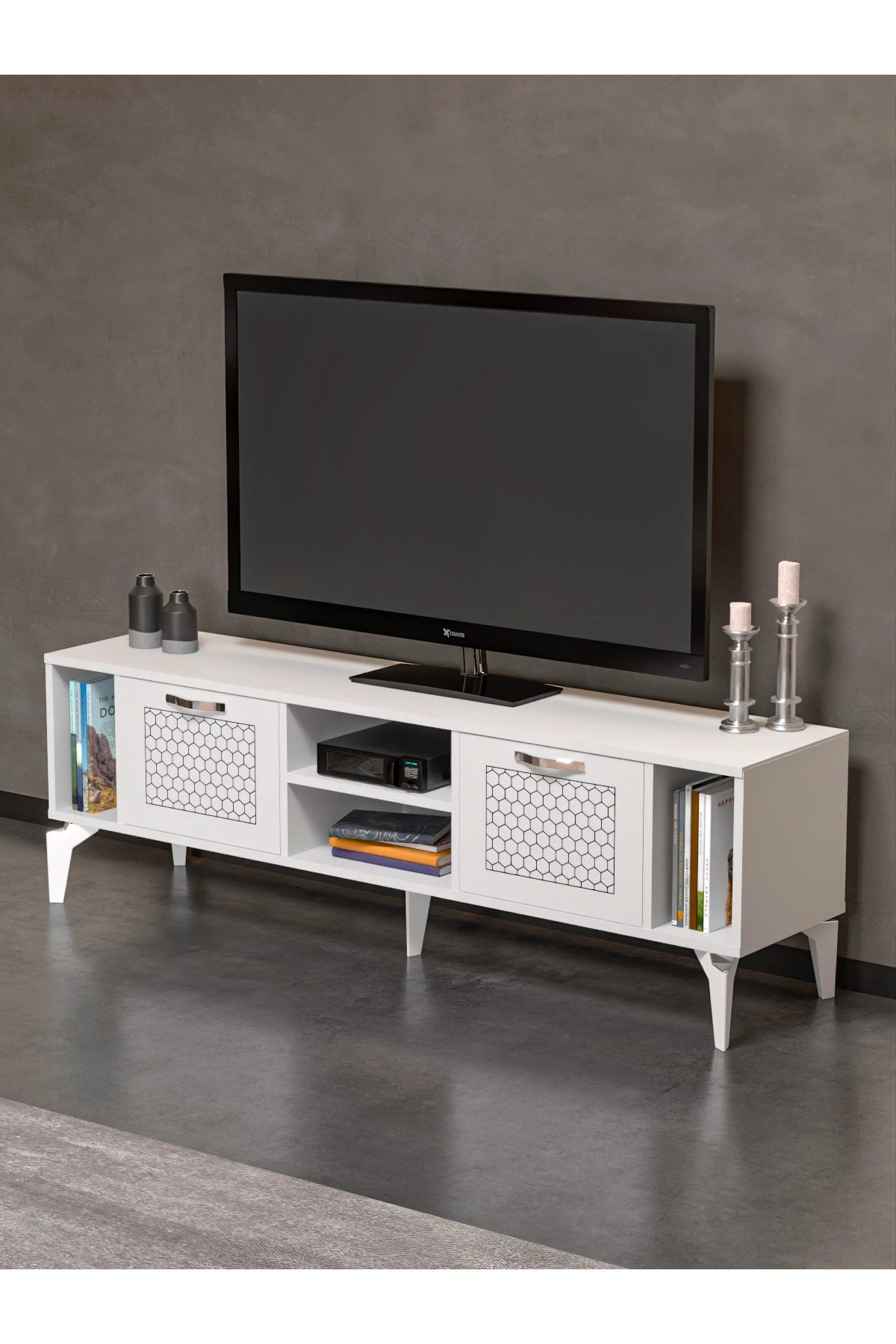 Tv Sehpası Tv Ünitesi Beyaz Gümüş 160 Cm Linya 5043