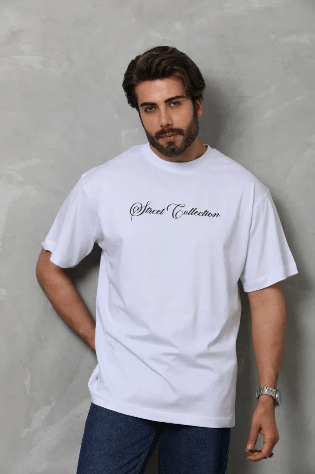 Unisex Bisiklet Yaka Baskılı Oversize T-Shirt - Beyaz