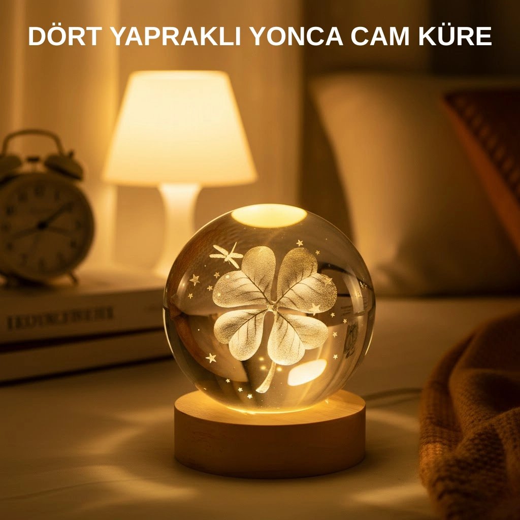 USB Bağlantılı Yonca Bitkili Cam Küre Ahşap Altlıklı Dekoratif Lamba