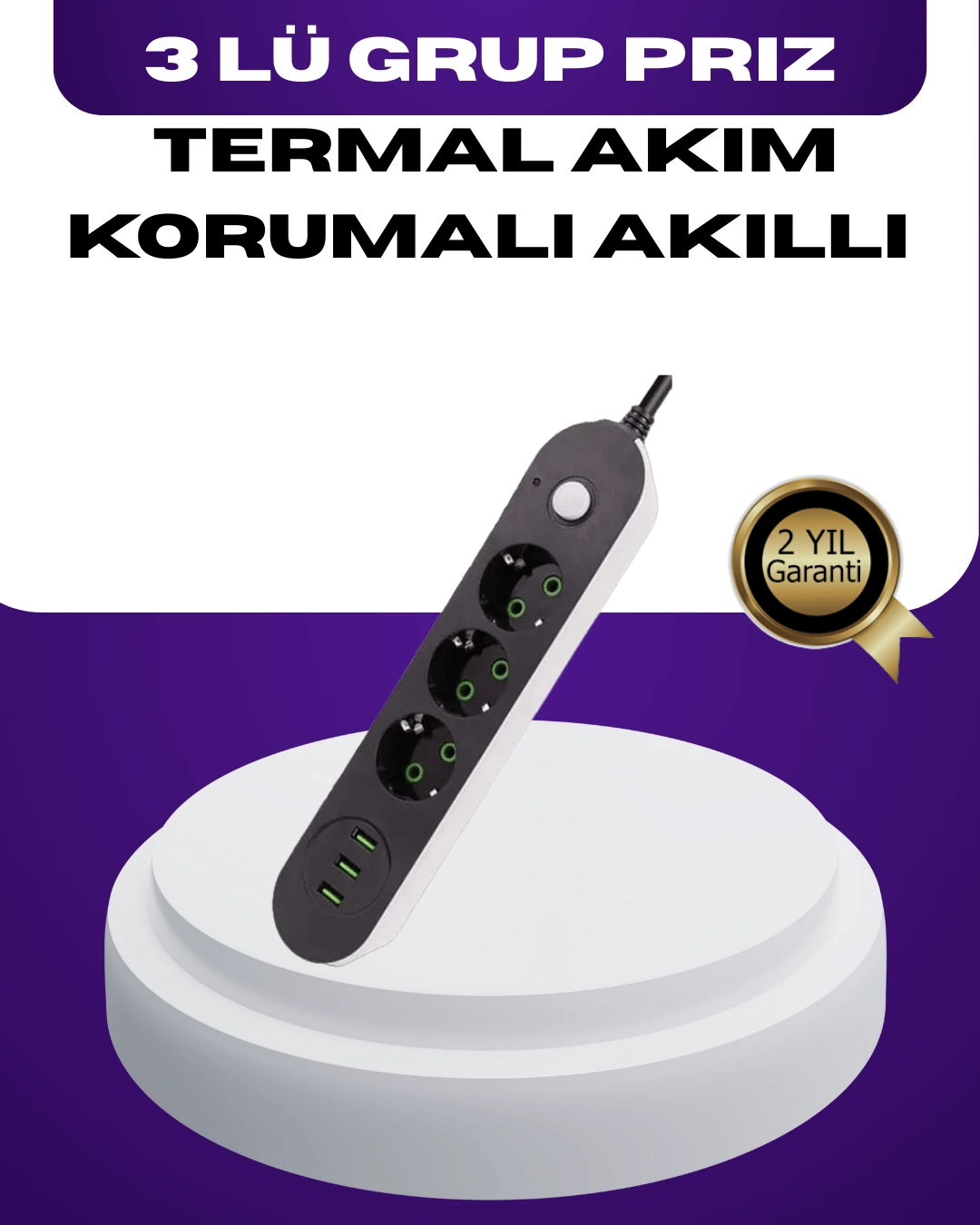 USB Yuvalı Anahtarlı Üçlü Priz 2 Metre Kablolu