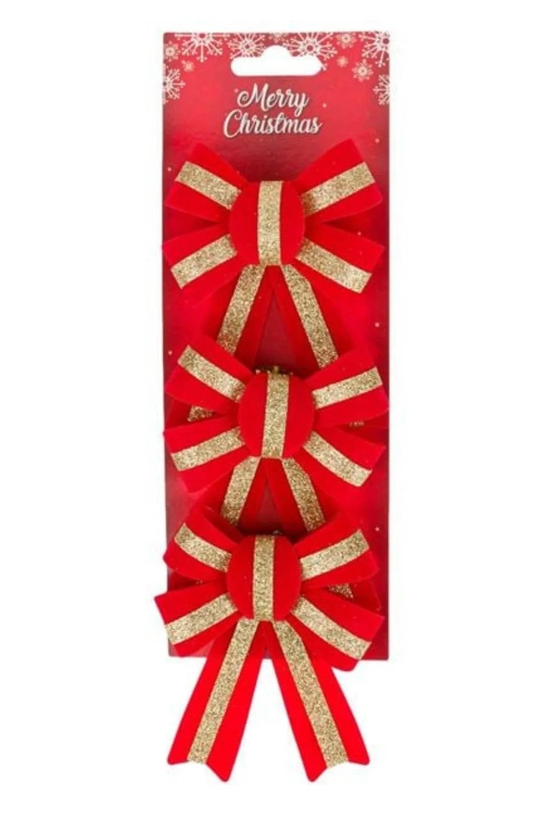 Yılbaşı Dekoratif Fiyonklar Kırmızı Kadife Altın Çizgi 14 cm - 3 adet