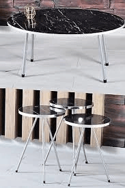 Zigon Sehpa Elips Gümüş Metal Ayak Gümüş Bendir Set