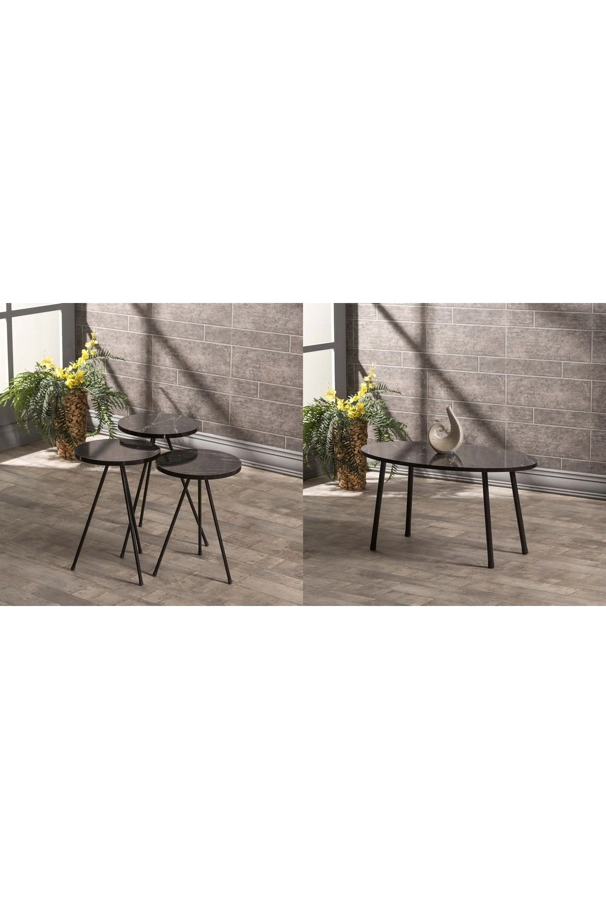 Zigon Sehpa Ve  Orta Sehpa Set  Metal  Elips Siyah Mermer Desen