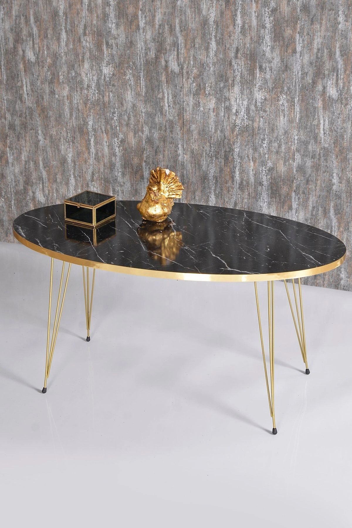 Zigon Sehpa ve Orta Sehpa Elips Set Gold Bendir Tel
