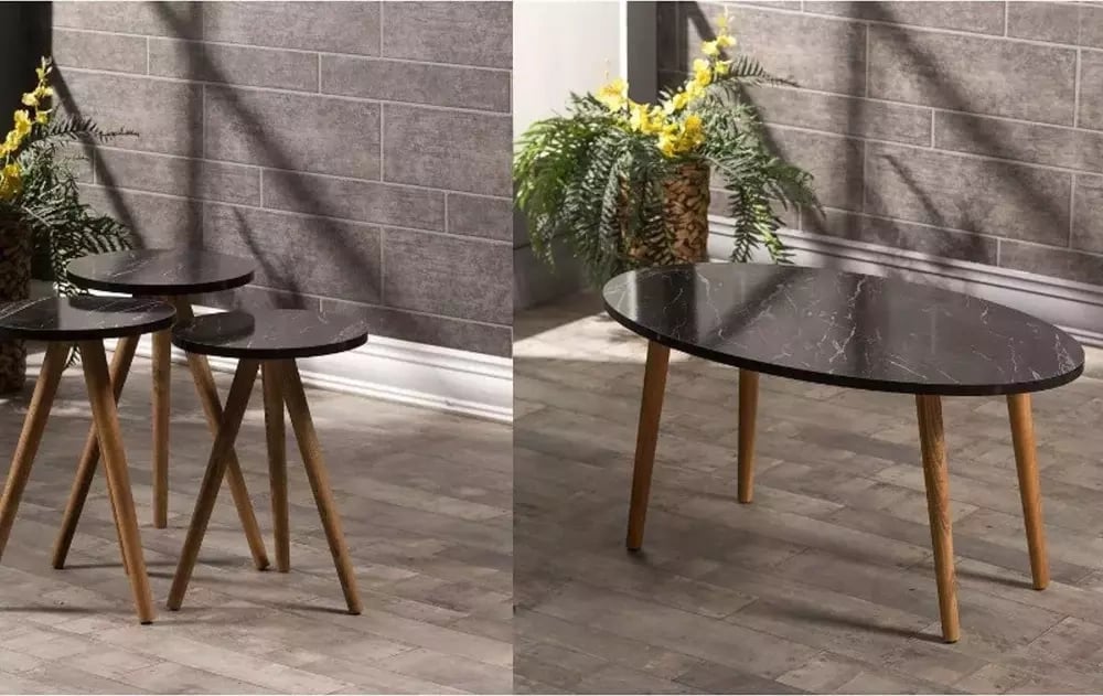 Zigon Sehpa Ve Orta Sehpa Set Ahşap Torna Elips Siyah Mermer Desen