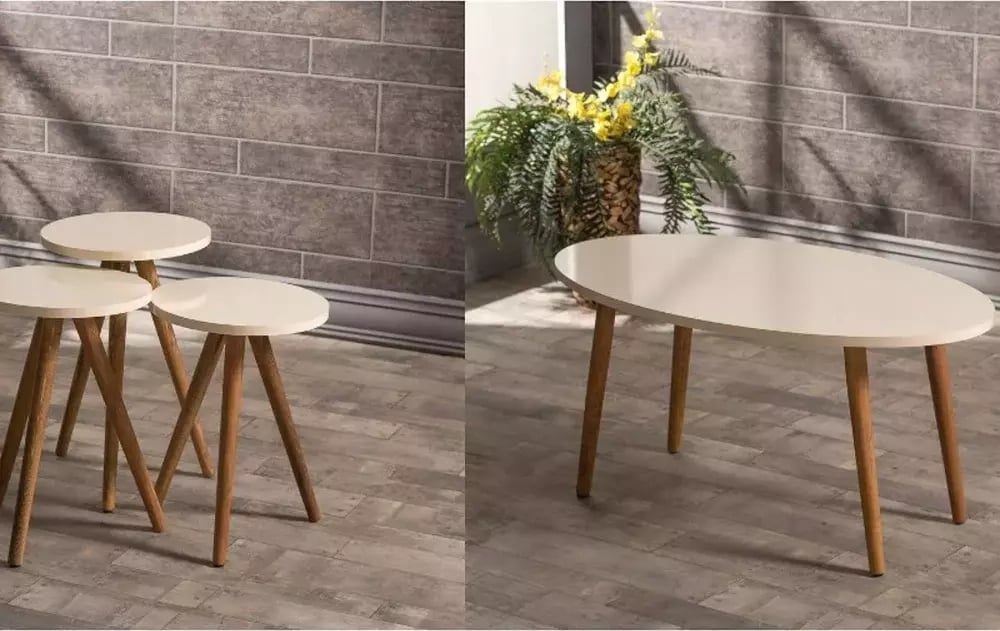 Zigon Sehpa Ve Orta Sehpa Set Ahşap Torna Elips Krem