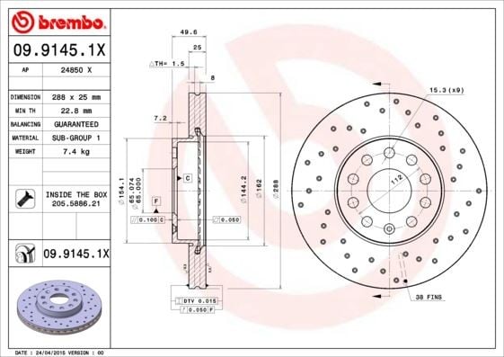 FREN DİSKİ ÖN VW CADDY-PASSAT-GOLF 5/6/7- SKODA OCTAVIA FORD CONNECT 23> ÇAP: 288mm. KALINLIK: 25mm Delik: 9