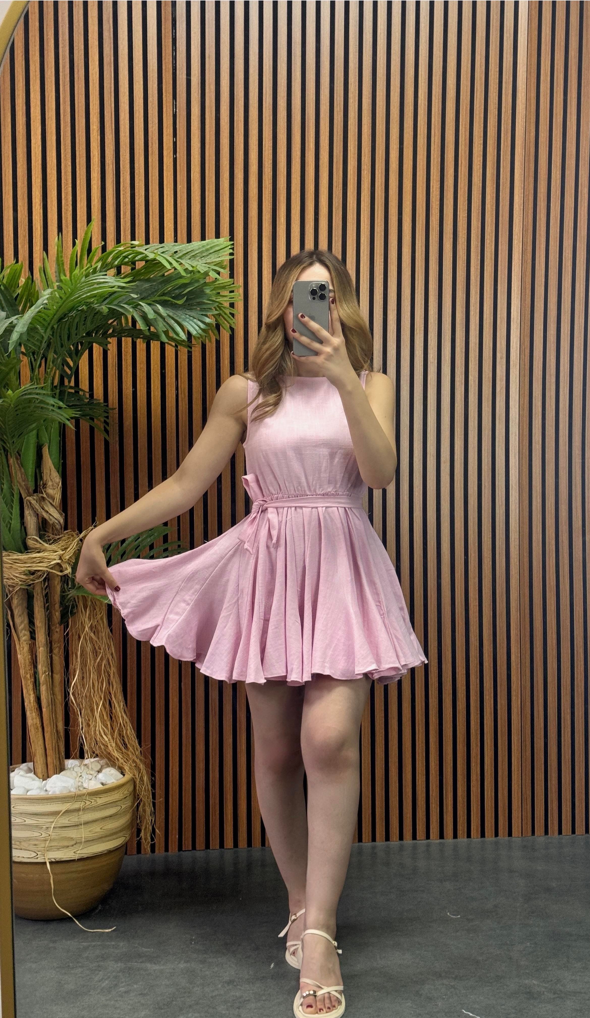 pembe mini keten elbise