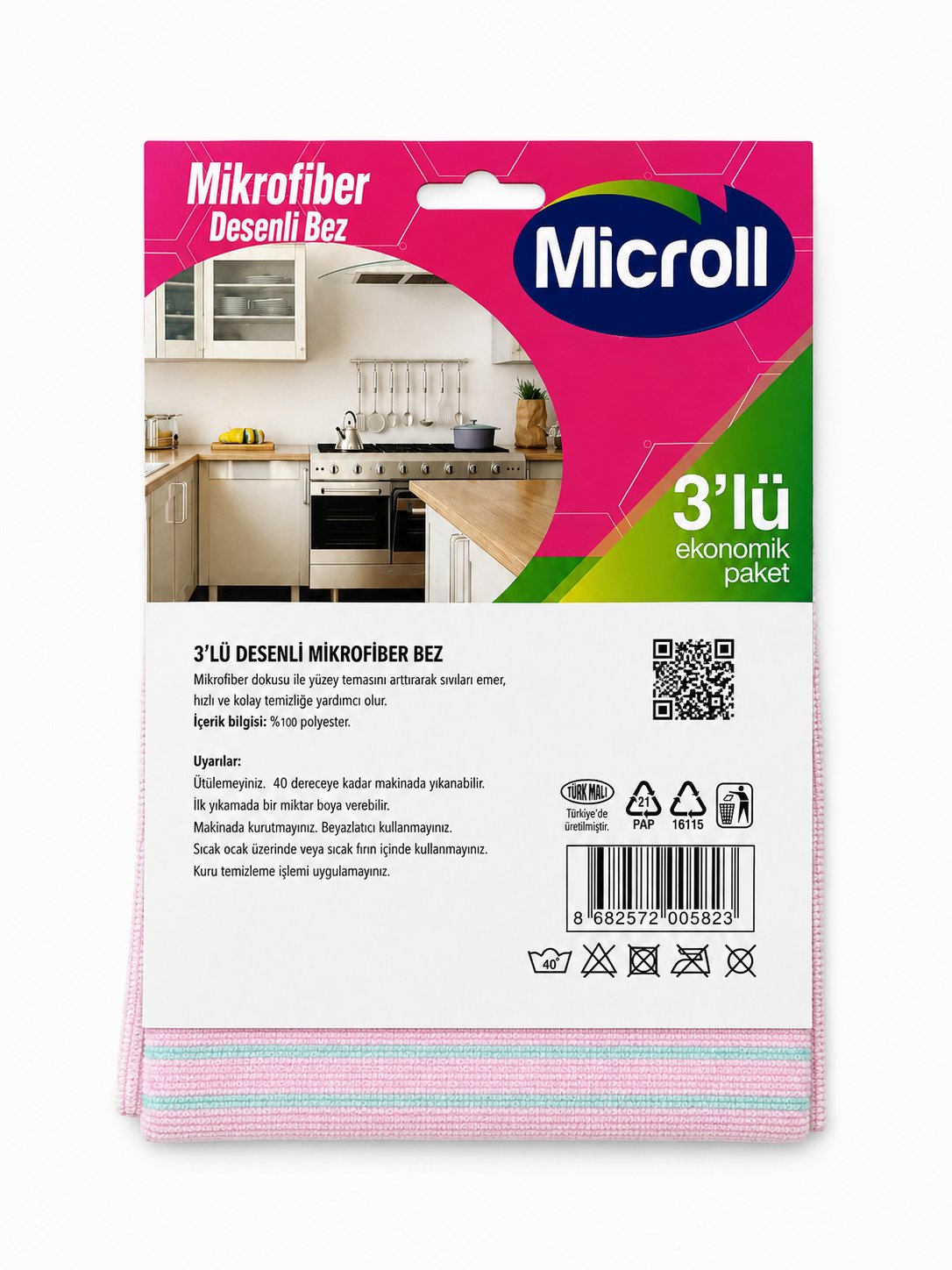 Fushia Dekoratif Baskılı 3'lü Paket Mikrofiber Temizlik Bezi