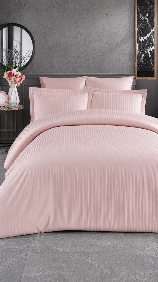 İpekçe Saten Stripe Organic Pudra Çift Kişilik Nevresim Takımı - 4 Parça