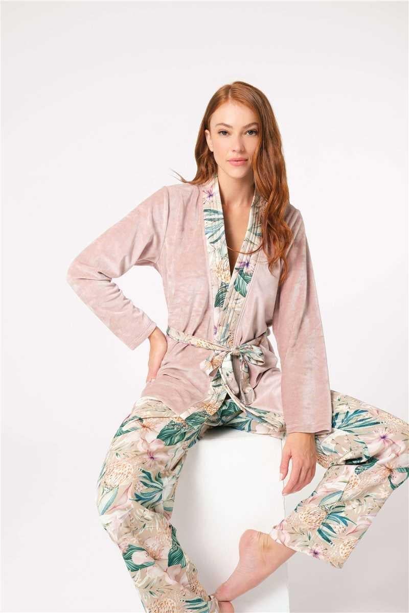 Anıl 5802 Uzun Kol V Yaka Viskon Çiçek Desenli Kışlık Örme Normal Bel Bağlamalı Pijama Takımı