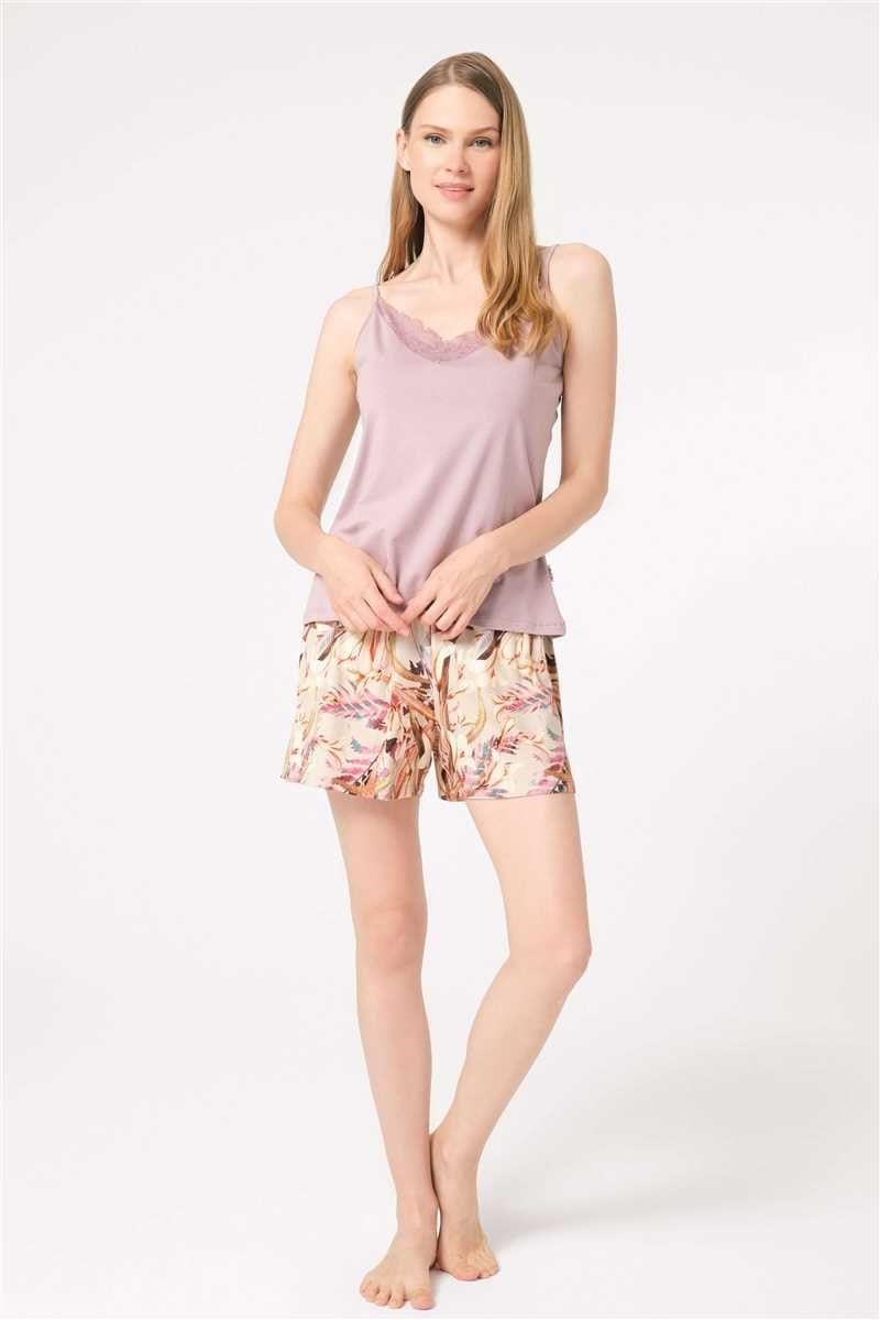 Anıl 9839 İp Askılı V Yaka Modal Çiçek Desenli Kışlık Örme Normal Bel Dantel Detaylı Pijama Takımı