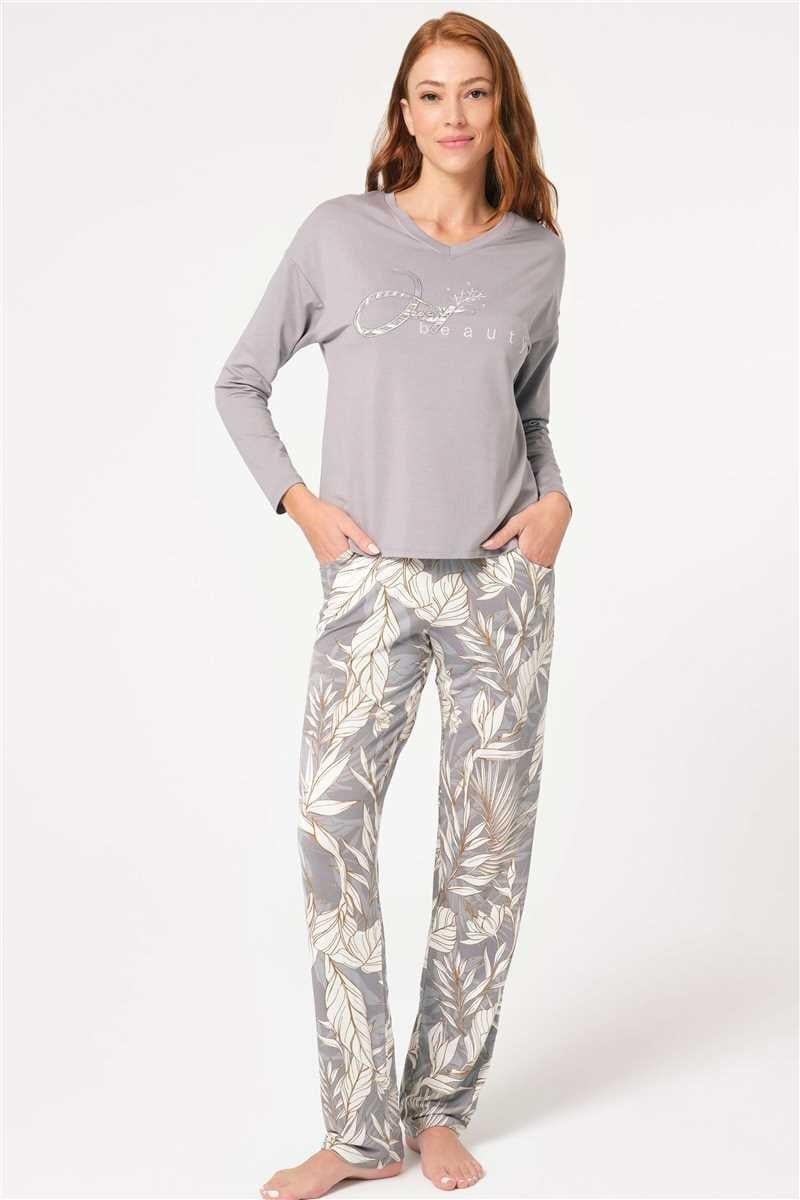 Anıl 9841 Uzun Kol V Yaka Bamboo Çiçek Desenli Kışlık Örme Normal Bel Nakış Detaylı Pijama Altı