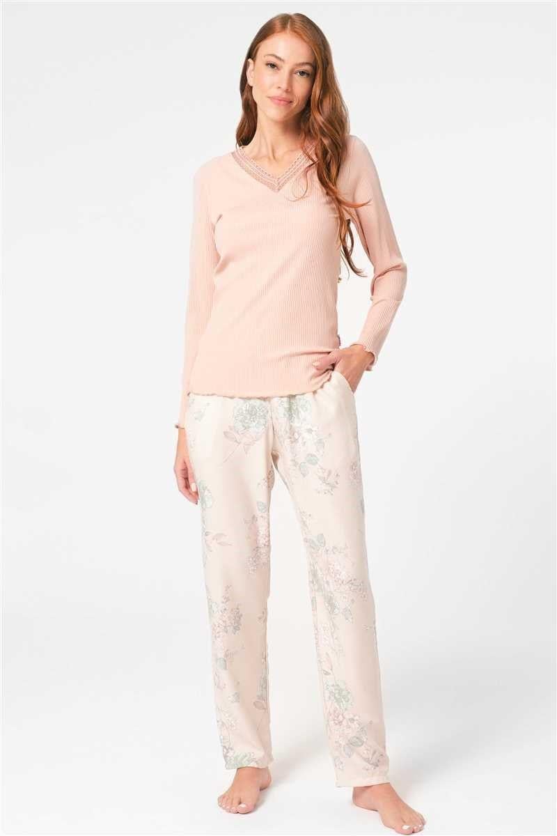 Anıl 9844 Uzun Kol V Yaka Viskon Çiçek Desenli Kışlık Örme Normal Bel Dantel Detaylı Pijama Takımı