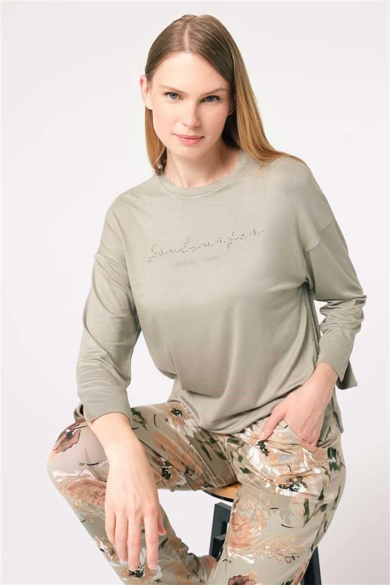 Anıl 9849 Uzun Kol Bisiklet Yaka Viskon Çiçek Desenli Kışlık Örme Normal Bel Pijama Takımı