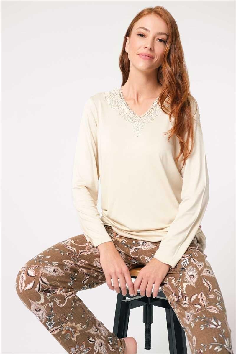 Anıl 9850 Uzun Kol V Yaka Modal Çiçek Desenli Kışlık Örme Normal Bel Dantel Detaylı Pijama Takımı