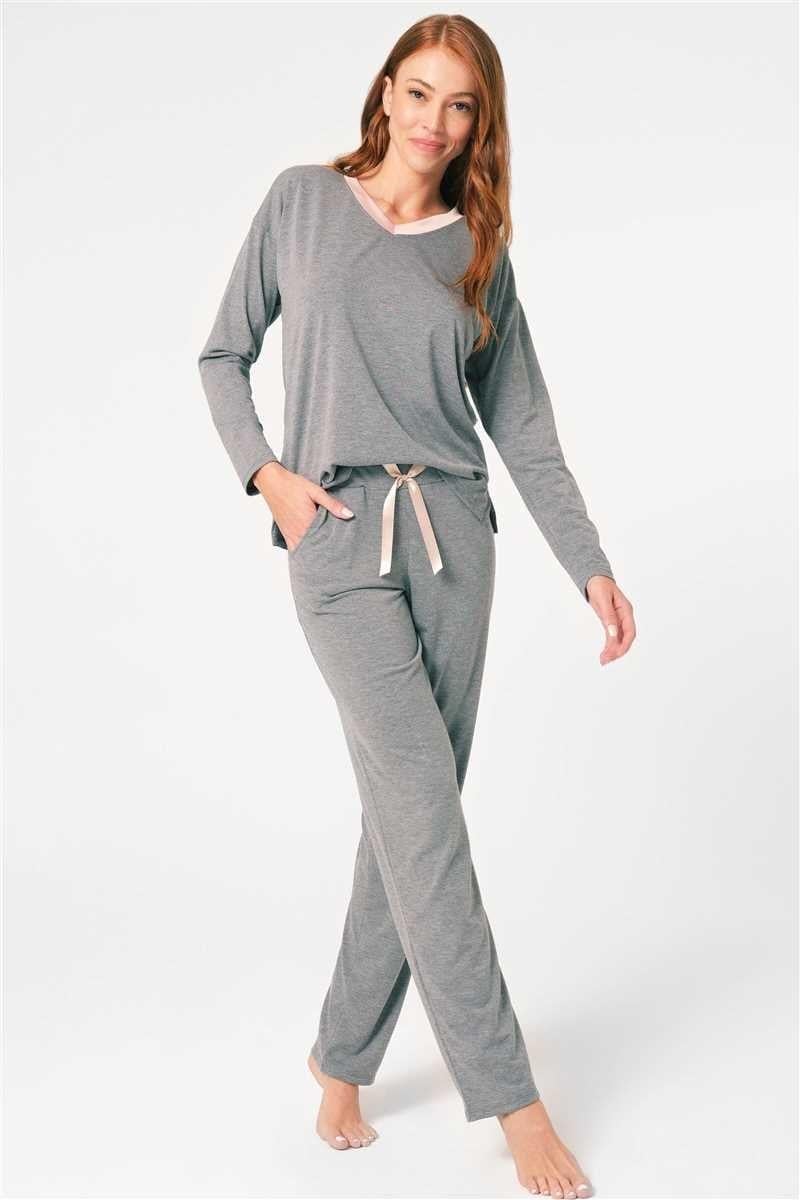 Anıl 9855 Uzun Kol V Yaka Viskon düz Kışlık Örme Normal Bel Dantel Detaylı Pijama Takımı