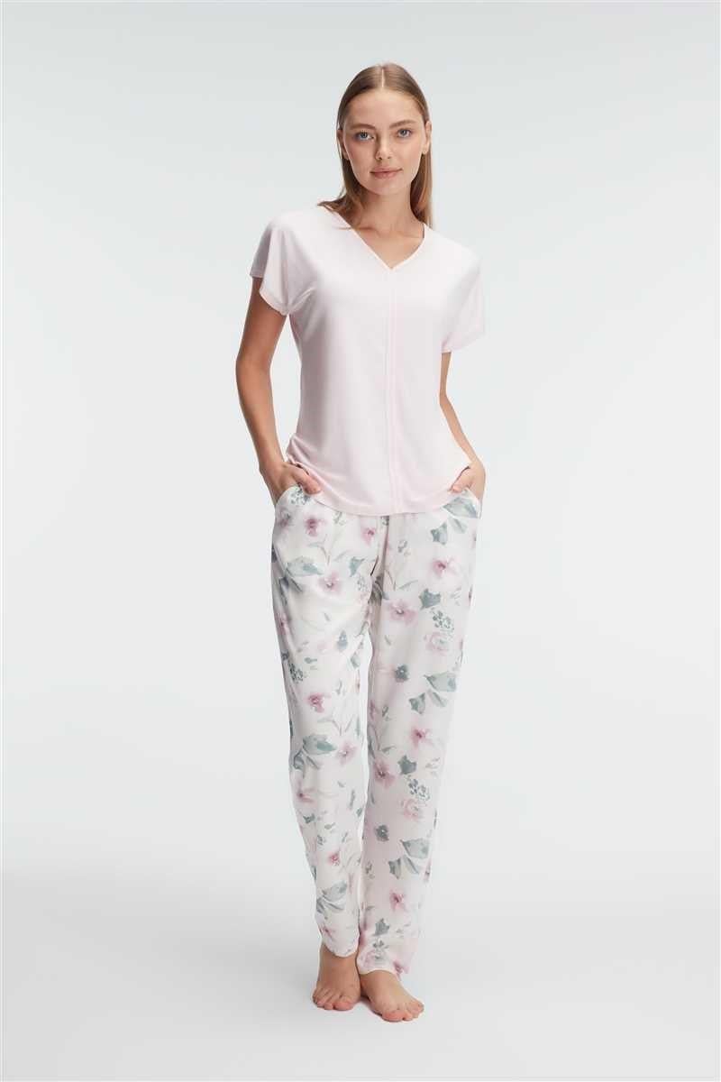 Anıl 9868 Ev Giyimi Kısa Kol V Yaka Kadın Viskon Çiçek Desenli Yazlık Örme Normal Bel Pijama Takımı