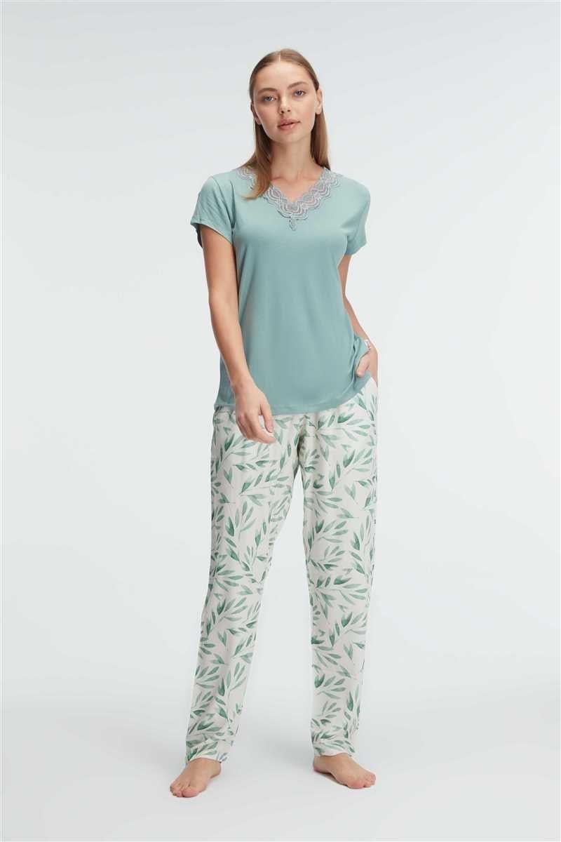 Anıl 9875 kısa kol v yaka Kadın viskon tropikal yazlık örme normal bel Nakış Detaylı Pijama Takımı
