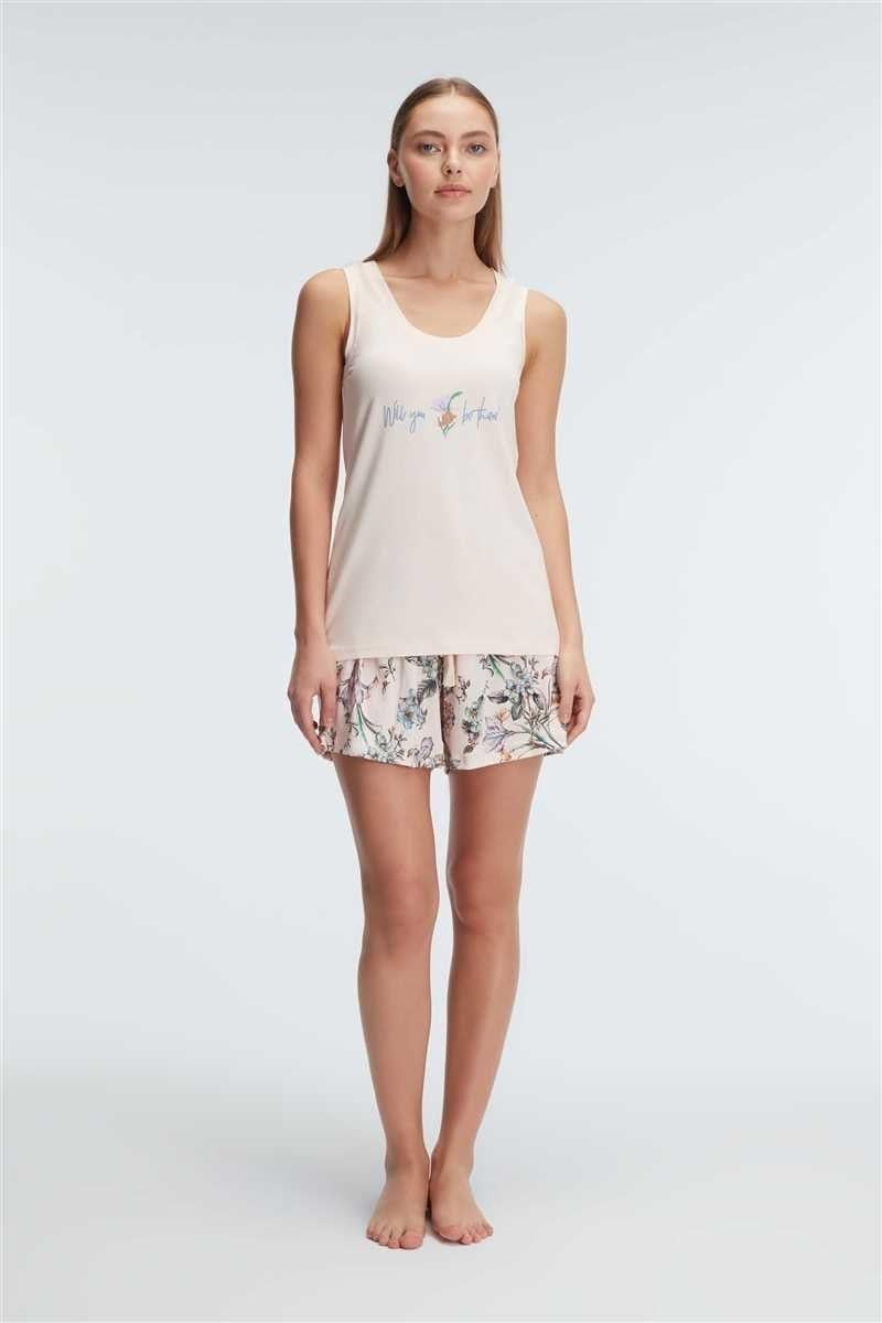Anıl 9891 Kalın Askılı Bisiklet Yaka Kadın Viskon Çiçek Desenli Yazlık Örme Mini Kısa Pijama Takımı