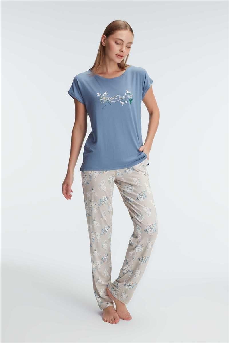 Anıl 9892 Kısa Kol Bisiklet Yaka Kadın Viskon Çiçek Desenli Yazlık Örme Normal Bel Pijama Takımı