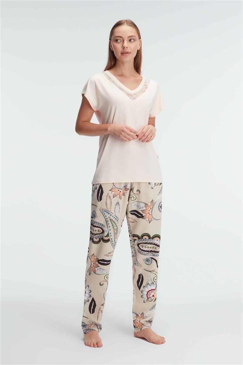 Anıl 9899 Kısa Kol V Yaka Kadın Viskon Çiçek Desenli Yazlık Örme Dantel Detaylı Pijama Takımı