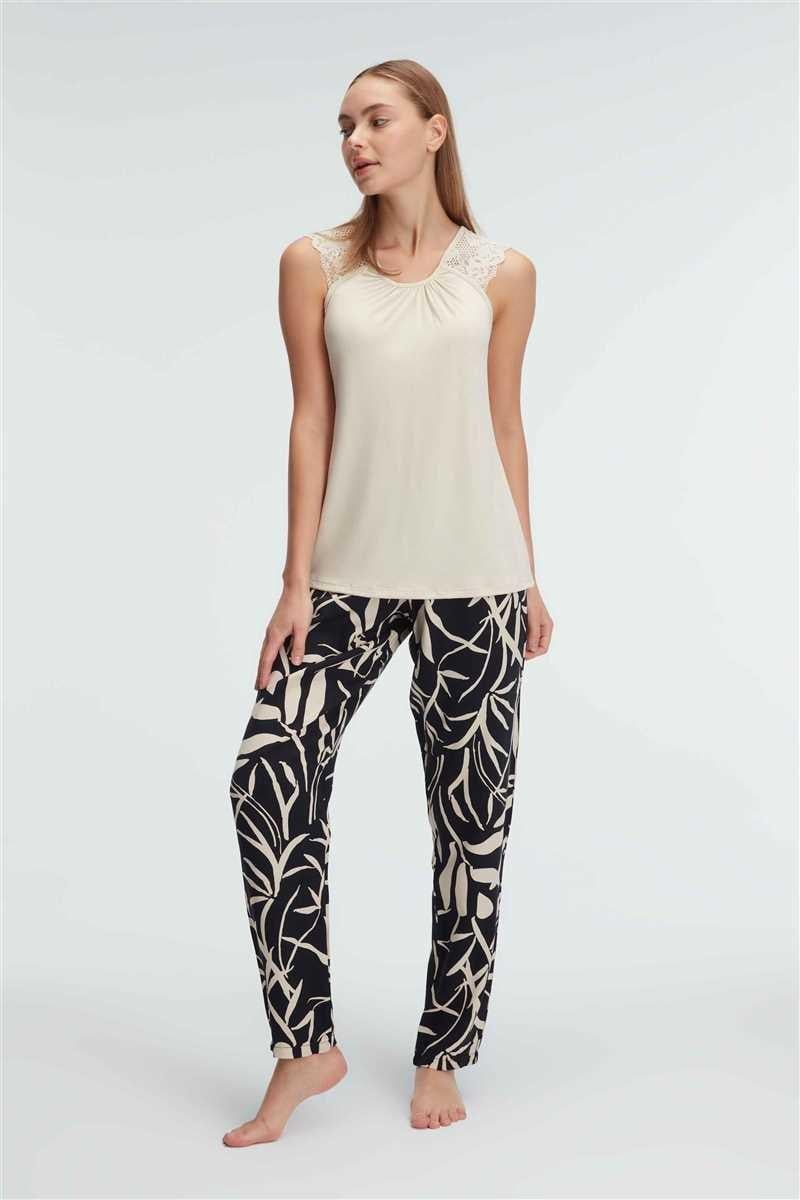 Anıl 9909 Kolsuz Sıfır Kol Bisiklet Yaka Kadın Viskon Tropikal Yazlık Dantel Detaylı Pijama Takımı