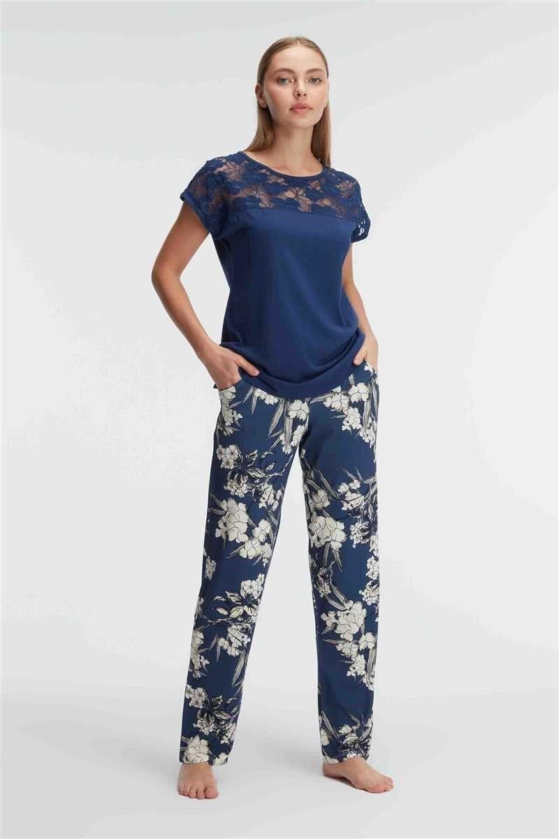 Anıl 9910 KISA KOL BİSİKLET YAKA Kadın VİSKON ÇİÇEK DESENLİ YAZLIK ÖRME Dantel Detaylı Pijama Takımı