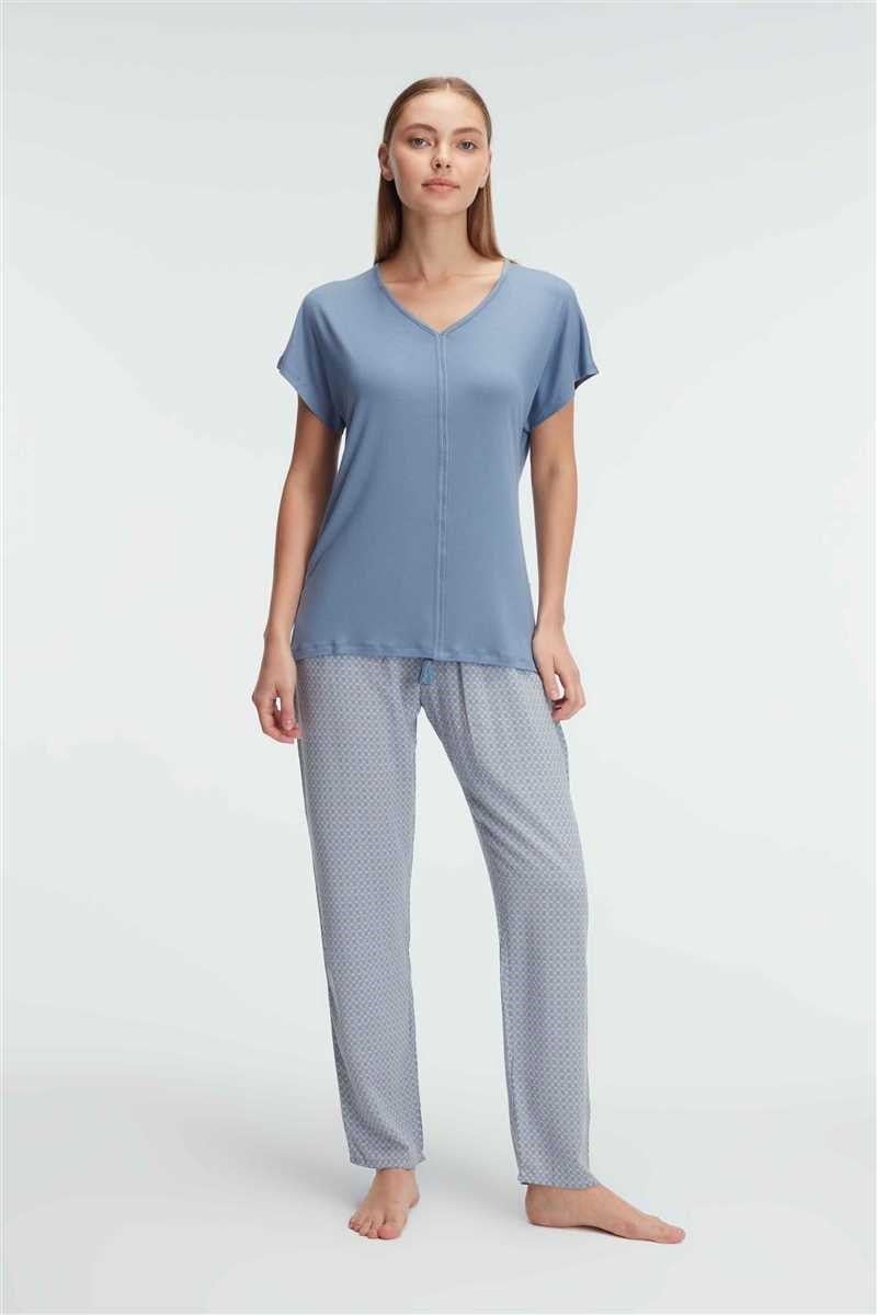 Anıl 9923 Kısa Kol V Yaka Kadın Viskon Geometrik Yazlık Örme Normal Bel Şerit Detaylı Pijama Takımı