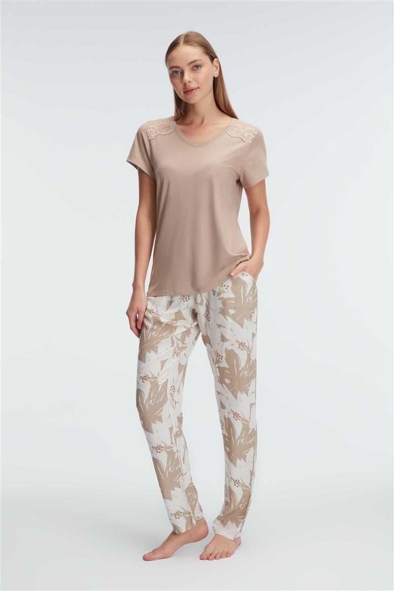 Anıl 9941 Kısa Kol Bisiklet Yaka Kadın Viskon Çiçek Desenli Yazlık Örme Dantel Detaylı Pijama Takımı
