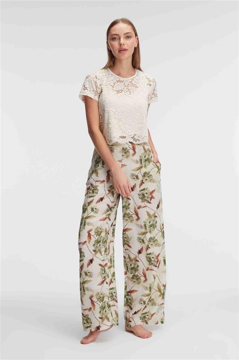 Anıl 9946 Kısa Kol Bisiklet Yaka Kadın Viskon Çiçek Desenli Yazlık Dantel Detaylı Pijama Takımı